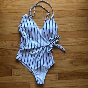 Striped one piece wrap swimsuit